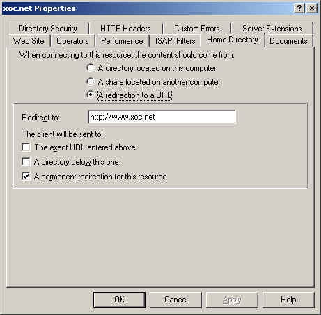 Internet Services Manager dialog showing how to configure domain.com
to redirect to www.domain.com